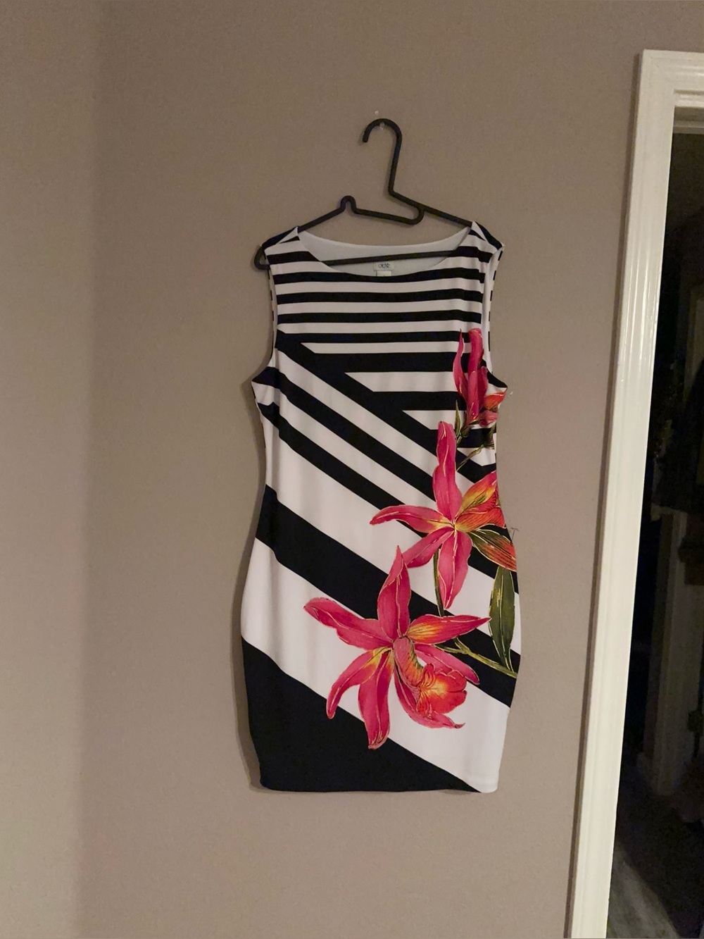 Striped Black & White Sheath Dress with Pink Floral Print Cache XL